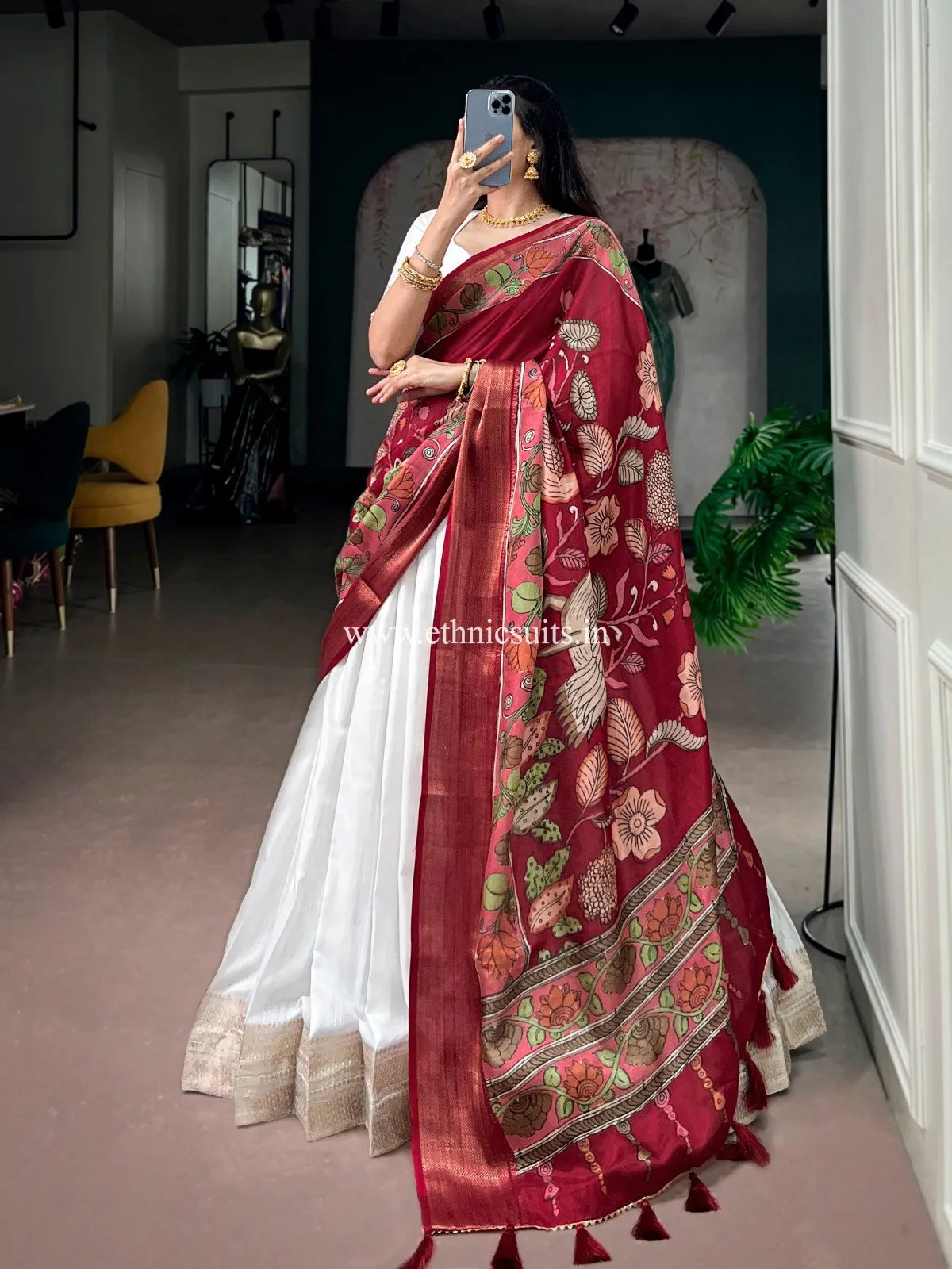White Kanjivaram Lehenga with Printed Dupatta