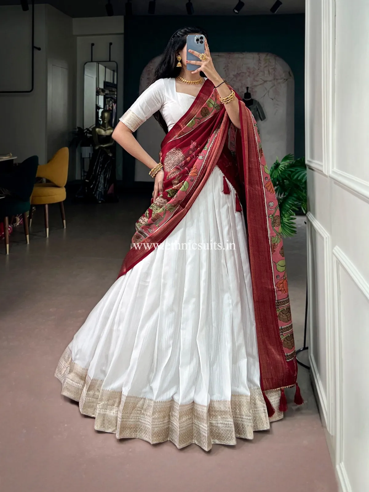 White Kanjivaram Lehenga with Printed Dupatta