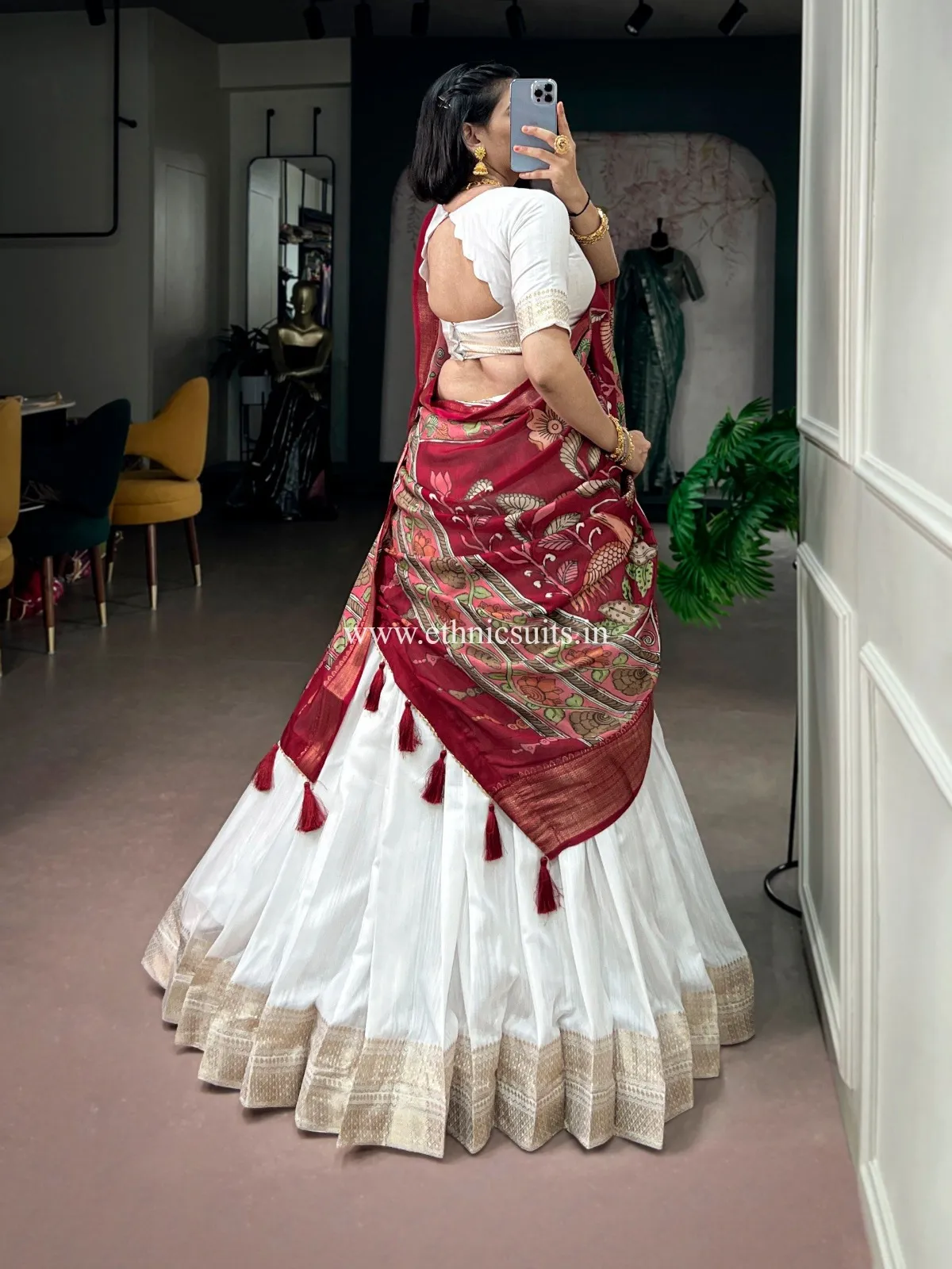 White Kanjivaram Lehenga with Printed Dupatta