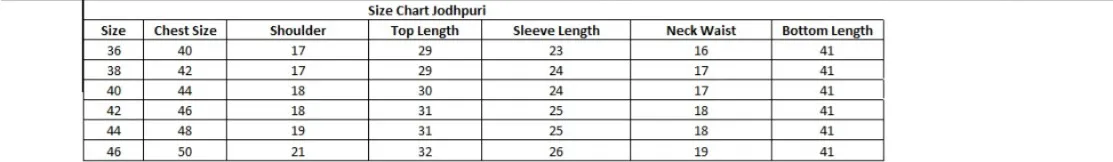 Men's jodhpuri suit Size Chart