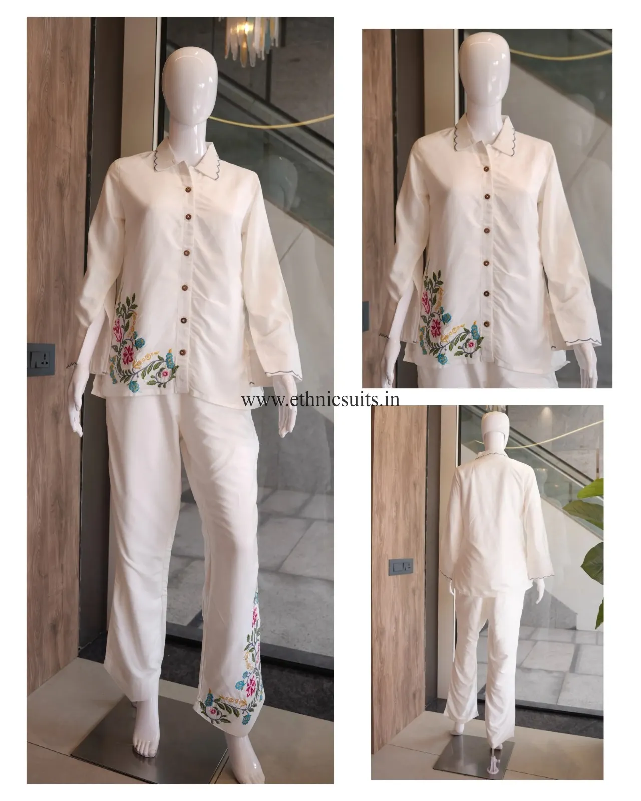 Creme Color Embroidered Airport Look Co Ord Set, Designed with Floral Embroidery work and comfortable wear