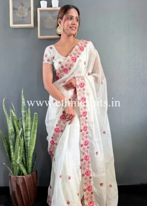 Festive Wear White Ready to Wear Saree for Women