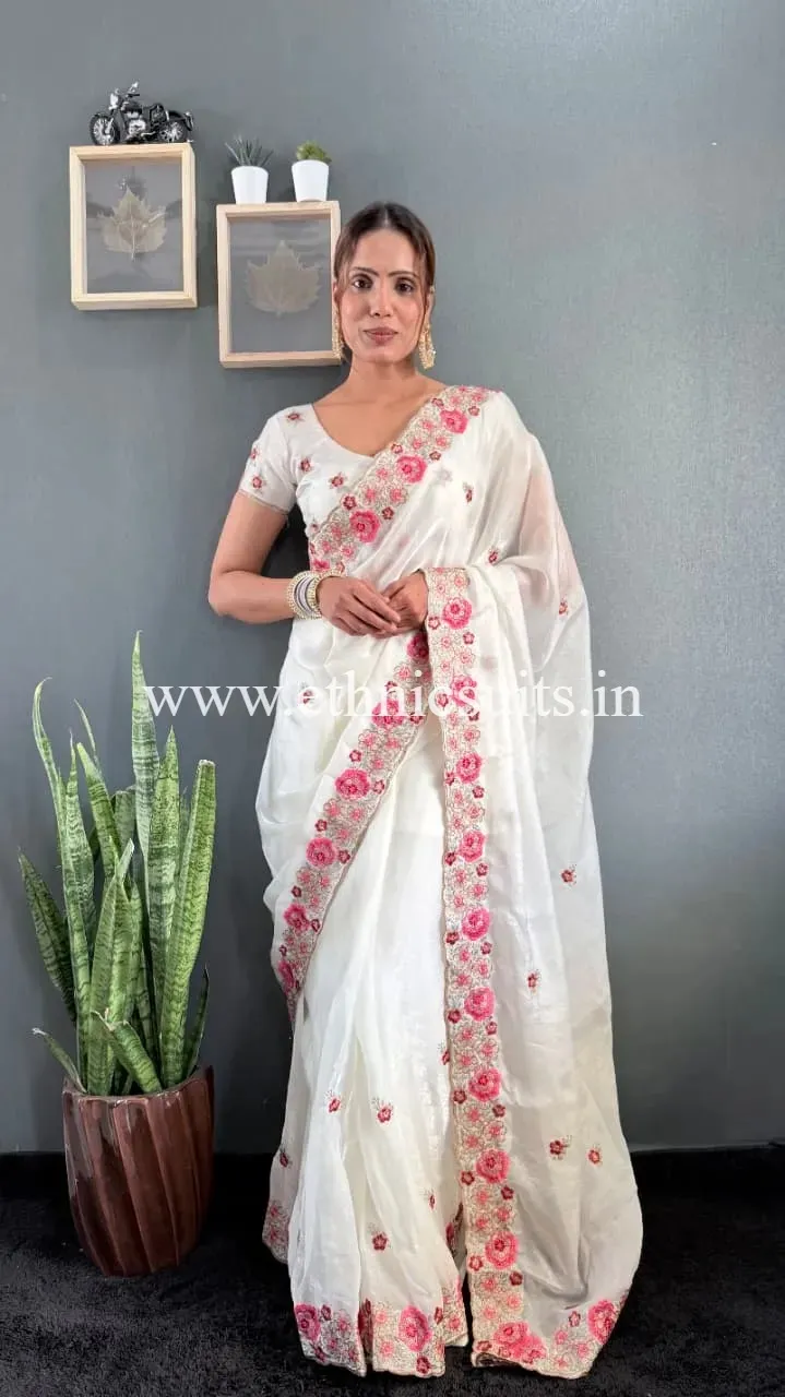 Festive Wear White Ready to Wear Saree for Women