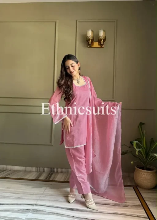 READYMADE FARSI SALWAR SUIT IN PINK COLOR IS WOMENS WEDDING WEAR ETHNICSUIT HAS PASTEL COLOR SWAROSKI WORK AND MINIMAL DESIGN FOR PERFECT FARSI SALWAR SUIT FOR WEDDING AND PARTY WEAR