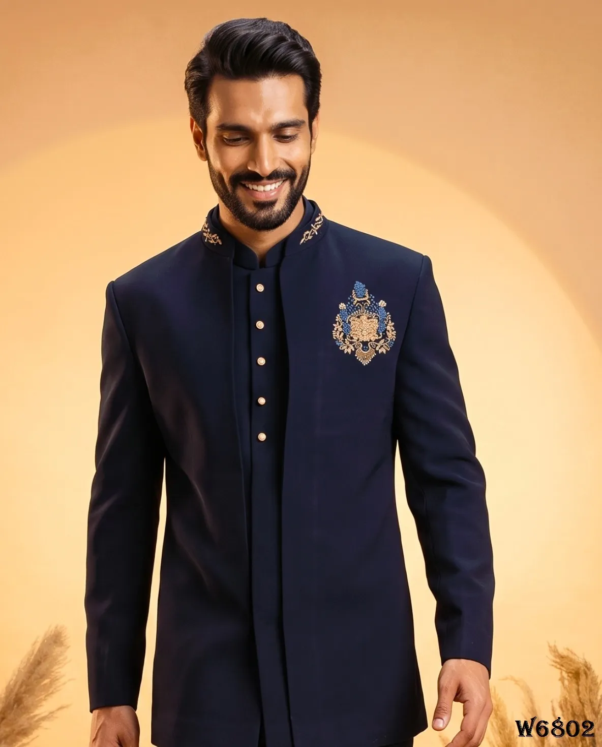 Styled and Dressed up for reception in Royal Blue Handwork Jodhpuri Suit for Men