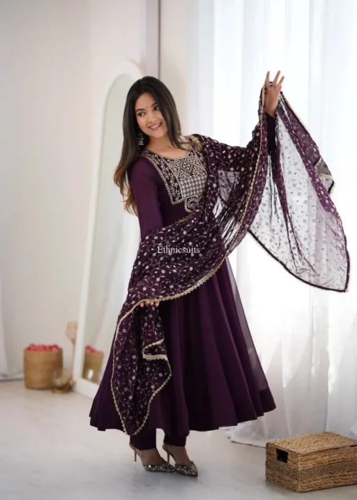 Wine Color Wedding Anarkali Suit with Heavy Dupatta