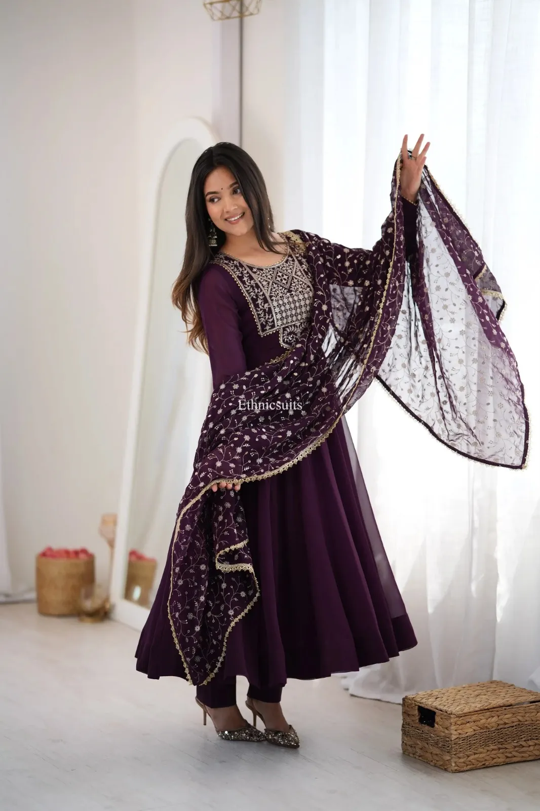 Wine Color Wedding Anarkali Suit with Heavy Dupatta